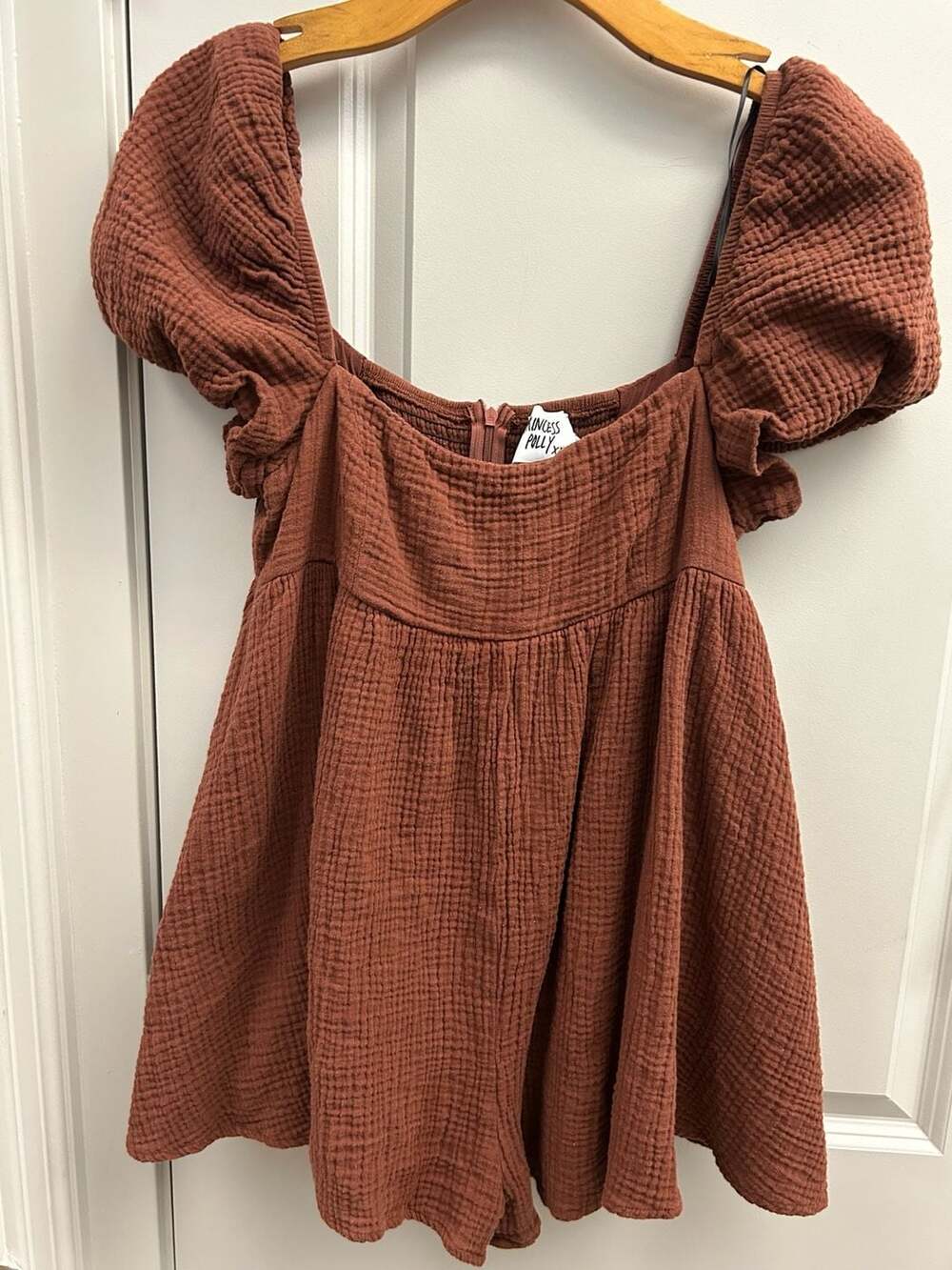 Princess Polly Lorna Romper Size US 8 Brown Gauze Puff Sleeve